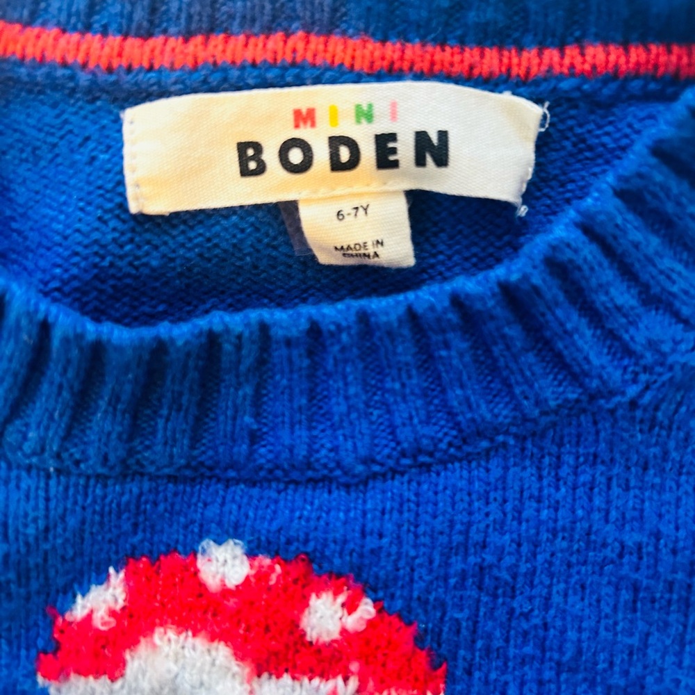 Mini Boden Mushroom Sweater Kids Size 6–7 Blue Knit
